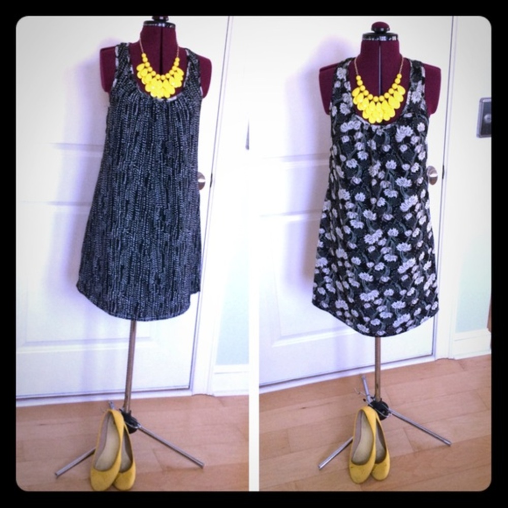 2-in-1 Reversible Polka Dot & Floral Black White Tan Casual Mini Dress M/L